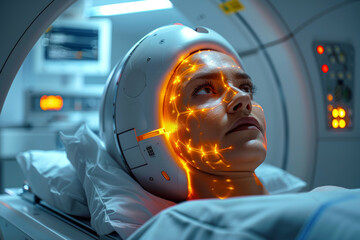 A patient undergoing radiation therapy to target and destroy cancerous cells while minimizing damage to healthy tissue. Concept of cancer treatment and radiation oncology. Generative Ai.