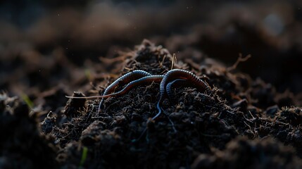 Fototapeta premium Soil with earthworms, garden bed, rich dark browns, macro photography, detailed soil and worm textures