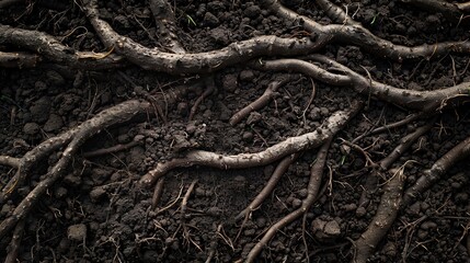 Fototapeta premium Soil with roots intertwined, garden bed, rich dark browns, macro photography, detailed root structure
