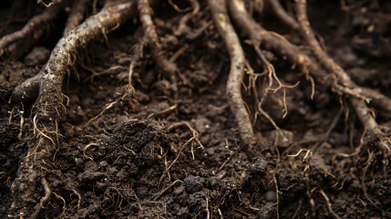 Fototapeta premium Soil with roots intertwined, garden bed, rich dark browns, macro photography, detailed root structure