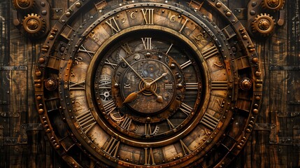 Fototapeta premium Steampunk wood grain with intricate clockwork overlays, Steampunk, Brown and brass, Digital art, Industrial and vintage