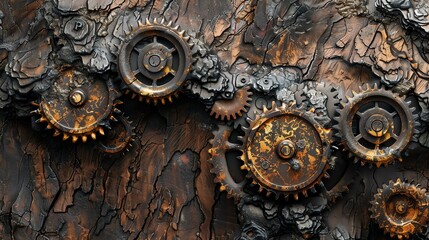 Steampunkinspired bark with metallic gears embedded in the texture, blending nature and technology, Steampunk, Digital Art, Metallic Accents