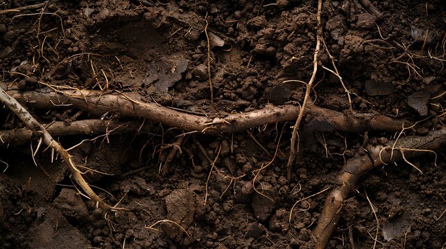 Soil with roots intertwined, garden bed, rich dark browns, macro photography, detailed root structure