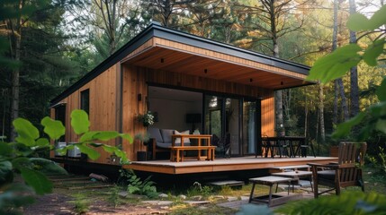 Obraz premium Luxury wooden tiny house in nature forest. Generative AI