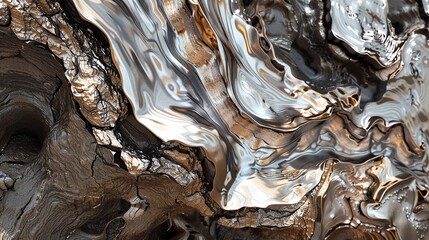 Tree bark with metallic sheen and reflective surfaces, blending organic and synthetic, Futuristic, Digital Art, Reflective