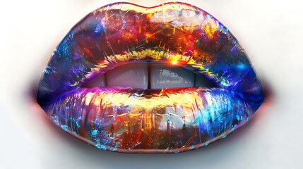 Colorful Lips: The image prominently showcases a pair of lips that are highly stylized and colorful. These lips appear glossy and reflect a spectrum of colors, including purple, blue, red, and yellow