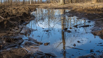 Obraz premium Waterlogged soil with standing water, wetland area, dark browns and blues, highresolution photography, detailed reflections