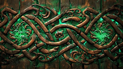 Wooden surface with intricate Celtic knot designs glowing, Fantasy, Earthy and glowing green, Digital art, Mythical and ancient