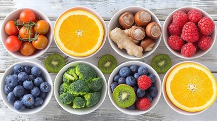   A collection of bowls containing assorted fruits and veggies, alongside oranges, raspberries, kiwis, and broccoli