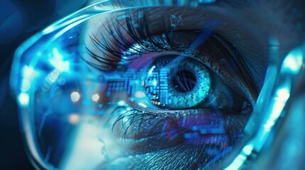 Closeup eyeglasses with defocused technology reflection double exposure. Generative AI