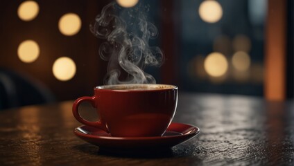 A red cup of coffee with steam coming out on a table,.
