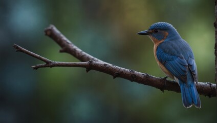Fototapeta premium A small blue bird sitting on a branch with bokeh in the background,.