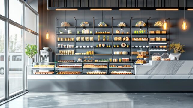 Display case of pastries in modern shop interior. Generative AI