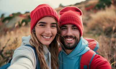 A young couple takes a selfie against the backdrop of nature. Selfie against the backdrop of an autumn landscape.
