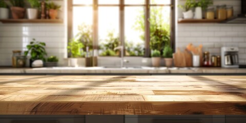 Empty wooden table in a sunlit modern kitchen, perfect for product montage or showcasing culinary items.