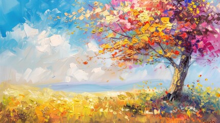 Painting of a tree with colorful flowers in the autumn season. Oil color painting.