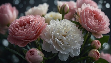 Close up photo of a bouquet of pink and white.