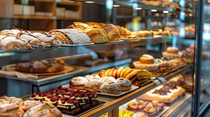 Closeup display case of pastries in modern shop. Generative AI