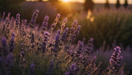 Close up of lavender flowers at sunset with bokeh effect, vibrant purple tones for wallpaper and...