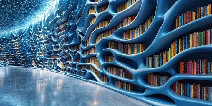 Futuristic library featuring wavy blue bookshelves filled with colorful books, creating a unique and modern reading environment.