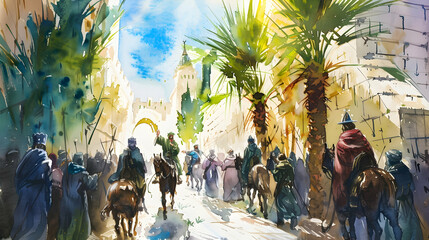 Jesus entering in Jerusalem. Palm Sunday. New Testament. Watercolor Biblical Illustration...