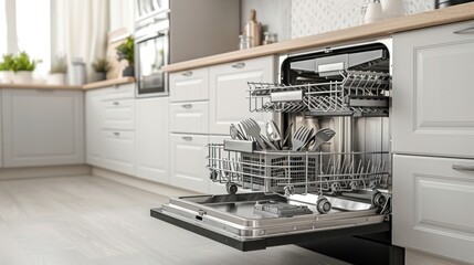 Open dishwasher in modern interior kitchen cabinet. Generative AI