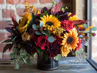 bright fall bouquet bursting with the vibrant colors of the season. Picture fiery reds, burnt oranges, and golden yellows, reminiscent of autumn leaves ablaze with the hues of harvest time. 