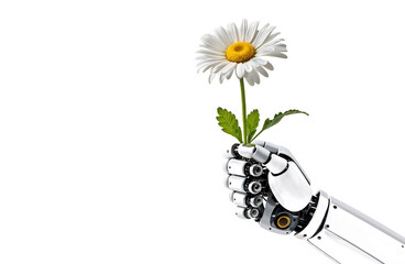 A robotic hand gently holding a white daisy by its long stem on a white background symbolizes harmony between technology and nature. AI. Generation, Illustration.