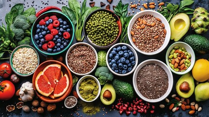   A variety of fruits, veggies, and grains are artfully arranged on a dark surface