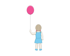 vector design, a cartoon illustration of a little girl in a blue shirt standing while holding a small red balloon in her left hand