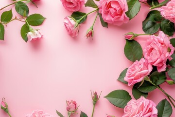 Valentine Birthday. Pink Rose Flower Composition with Blank Frame for Valentine's Day, Birthday