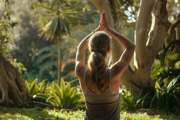 woman practicing yoga in solitude outdoors, harmony between female energy and serene nature. Meditation and mindfulness retreat.