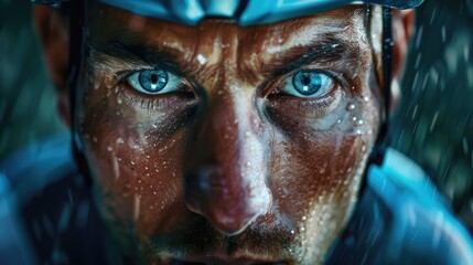 Sport Portrait. Dramatic Close-Up of Bicyclist in Activewear and Helmet