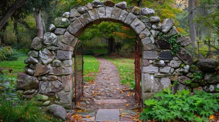 Garden Door. Stone Arch Entrance Wall in Old Garden Setting