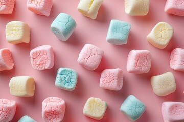 A close up of marshmallows on a pink surface