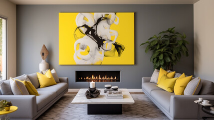 A minimalist living room with a vibrant yellow accent wall, a sleek gray sofa, and a statement piece of abstract art above the fireplace.
