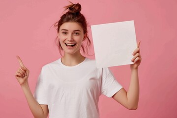 young woman in white t shirt  holding a blank sign and smiling mock up n pink wall minimal background. Announcement mockup.