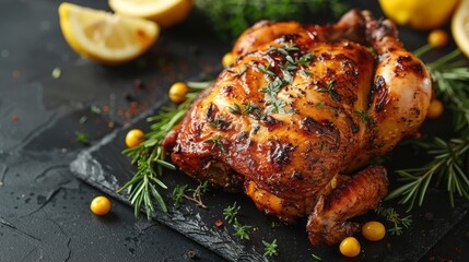 Homemade chicken rotisserie with thyme, lemon closeup on a slate board on the table. 