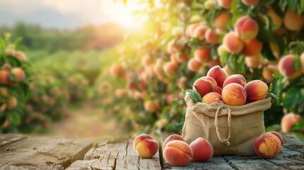 Peach fruits harvest in jute sack back on wooden table with blurry crop farm background, Peach plant for product consume