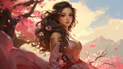 Fototapeta premium Cute portrait of a girl under sakura blossoms, her smile as radiant as the summer sun.