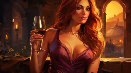 Sensual redhead holds wine glass, oozing elegance and charm in sophisticated indoor environment.