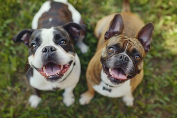 Fototapeta premium Happy Dogs. Two Cute Dogs Sitting on Spring Green Grass, Looking Loyally Up at Owner