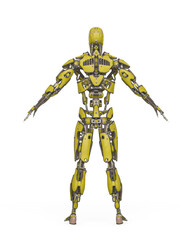 mega cyborg on a pose in white background rear view