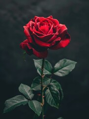 Flower With Stem. Dark Red Rose with Green Leaves in Macro Close-up Shot