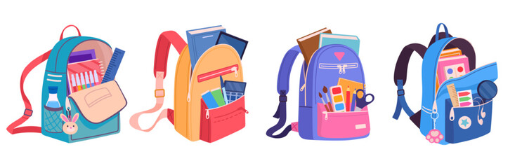 Cartoon school bags. Colorful school backpacks, cute school bags with school supplies and notebooks, textile kids backpacks flat vector illustration set. Multicolored backpacks collection