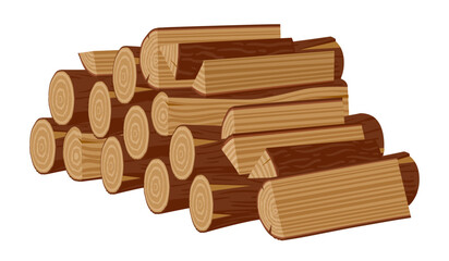 Firewood stacked in pile. Chopped wooden logs, wooden bonfire logs flat vector illustration. Cartoon firewood pile on white