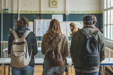 People in polling station during a sunny day. Election day. People voting