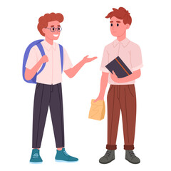 Male school students. Junior high school students with backpacks and books talking to each other flat vector illustration. Middle school pupils