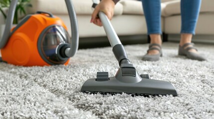 Fototapeta premium Person Cleaning Carpet With Vacuum Cleaner