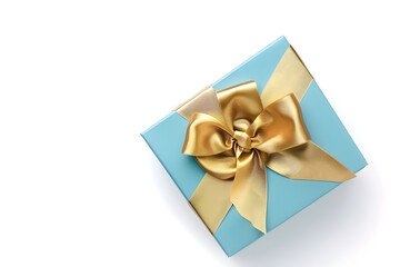 An elegant blue gift box with a golden silky bow, perfect for any celebration or event.